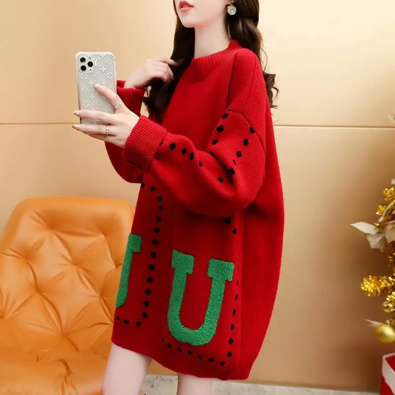 

#3875 Green Red Long Sweater Women Pullover Knitted Streetwear Knitwear Sweater Female Loose Thick Warm Batwing Sleeve Letters U