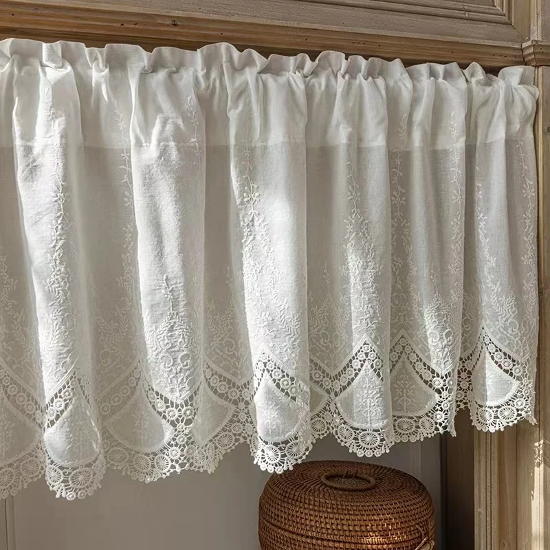 100% Cotton Hollow Flowers Short Curtains Living Room Korean Gream Lace Cloth Half Curtains for Kitchen Bookshelf dust curtain