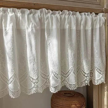 100% algodão oco flores cortinas curtas sala de estar coreano gream rendas pano meia cortinas para cozinha estante cortina poeira