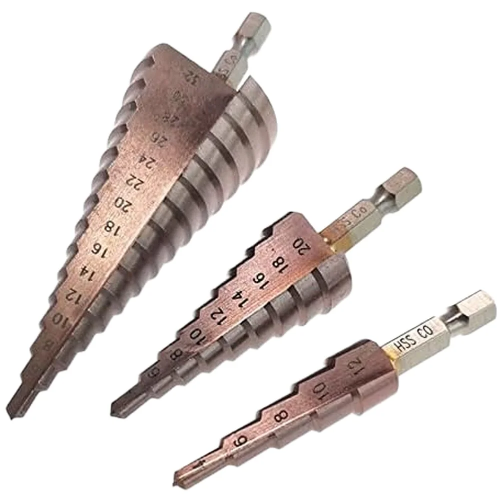 

Stainless Steel Cobalt Alloy Step Drill Bit Set 3 Pieces for Professional Wood and Metal Drilling Compact and Long Lasting