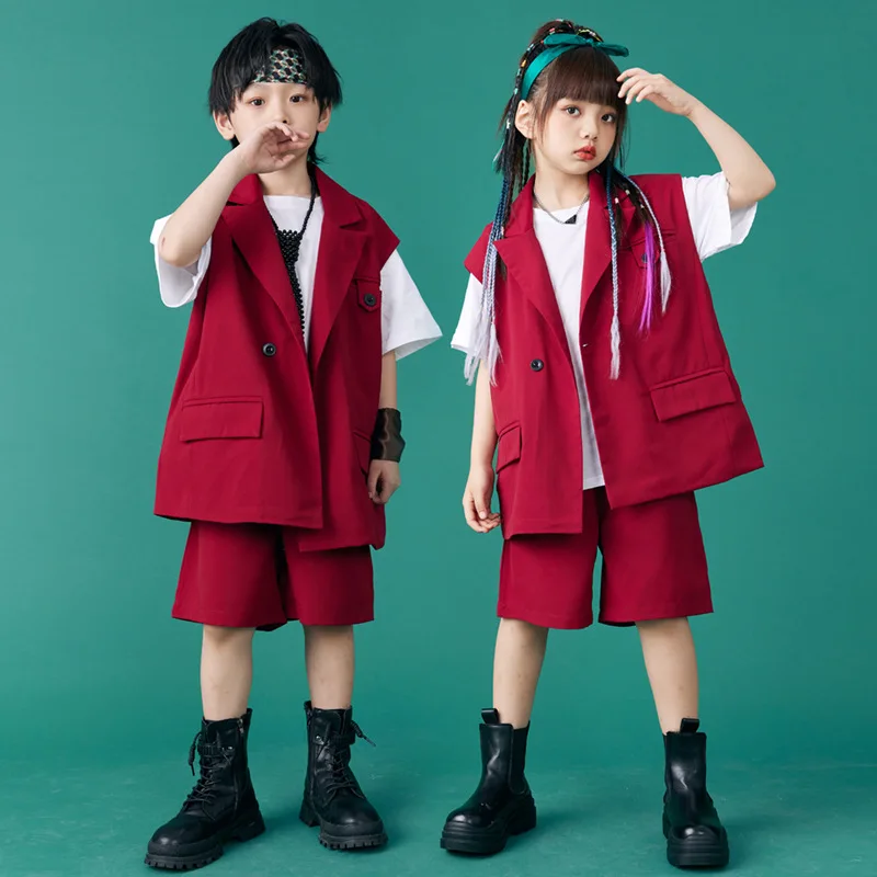 Girls Street Dance Outfits Summer Burgundy Lapel Waistcoat Sleeveless Blazer Elastic Waist Shorts 2pcs Children's Boy's Clothing