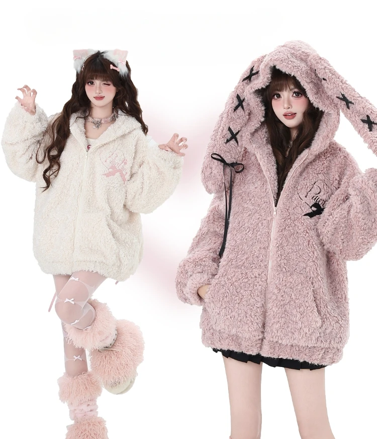 Women's Warm Hooded Coats Sweet Cute Girl Rabbit Ears Loose Casual Jacket for Lady Lamb Wool Thick Coat Warm Thick Coat Winter