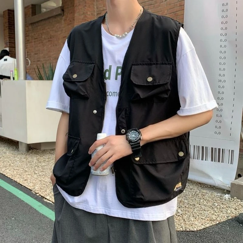 

2025 Trendy Men's Cotton Vest Unisex Sleeveless Work Jacket with Pockets Streetwear Brand New Design