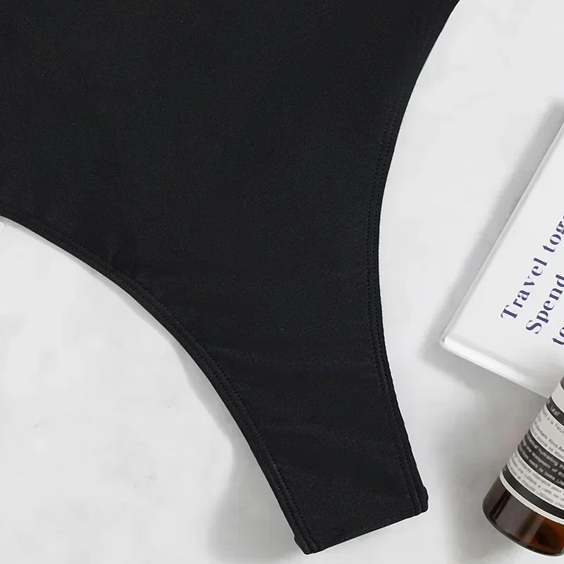 ملابس سباحة فاخرة مرصعة بأحجار الراين 2025 للسيدات بأكمام طويلة مفتوحة من الخلف قطعة واحدة بيكيني سادة أسود ثونغ الماس ثوب السباحة ارتداءها #6