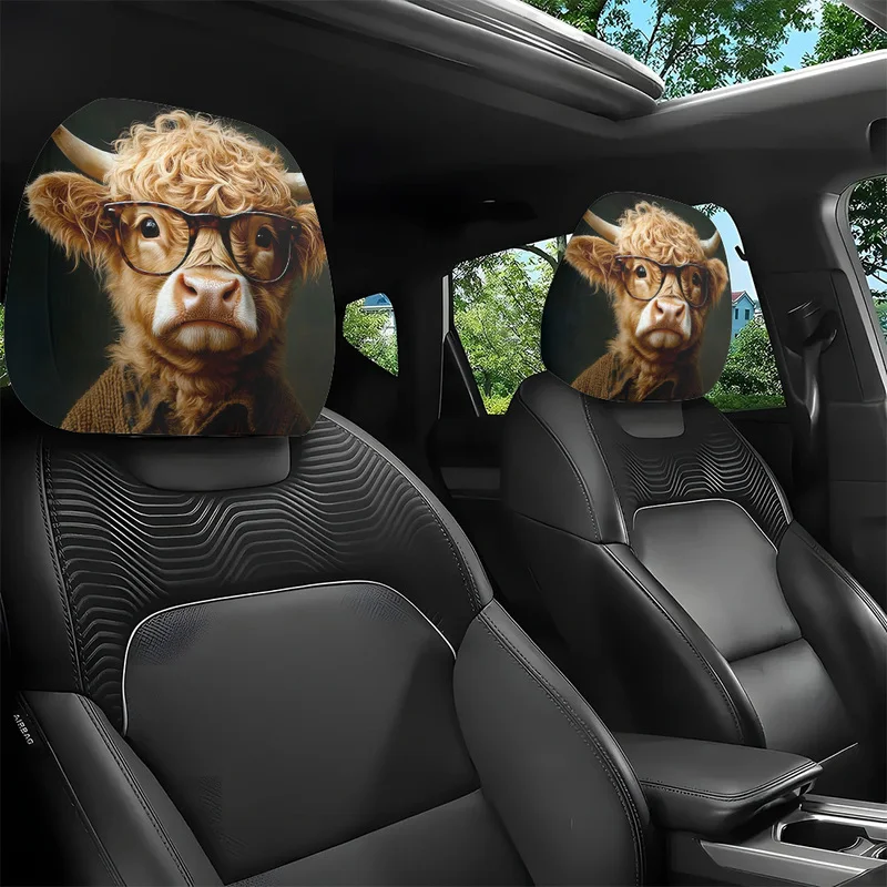 1/2 Pcs Car Headrest Covers, Funny Highland Cow Wearing Glasses Print, Novelty Car Seat Interior Accessories