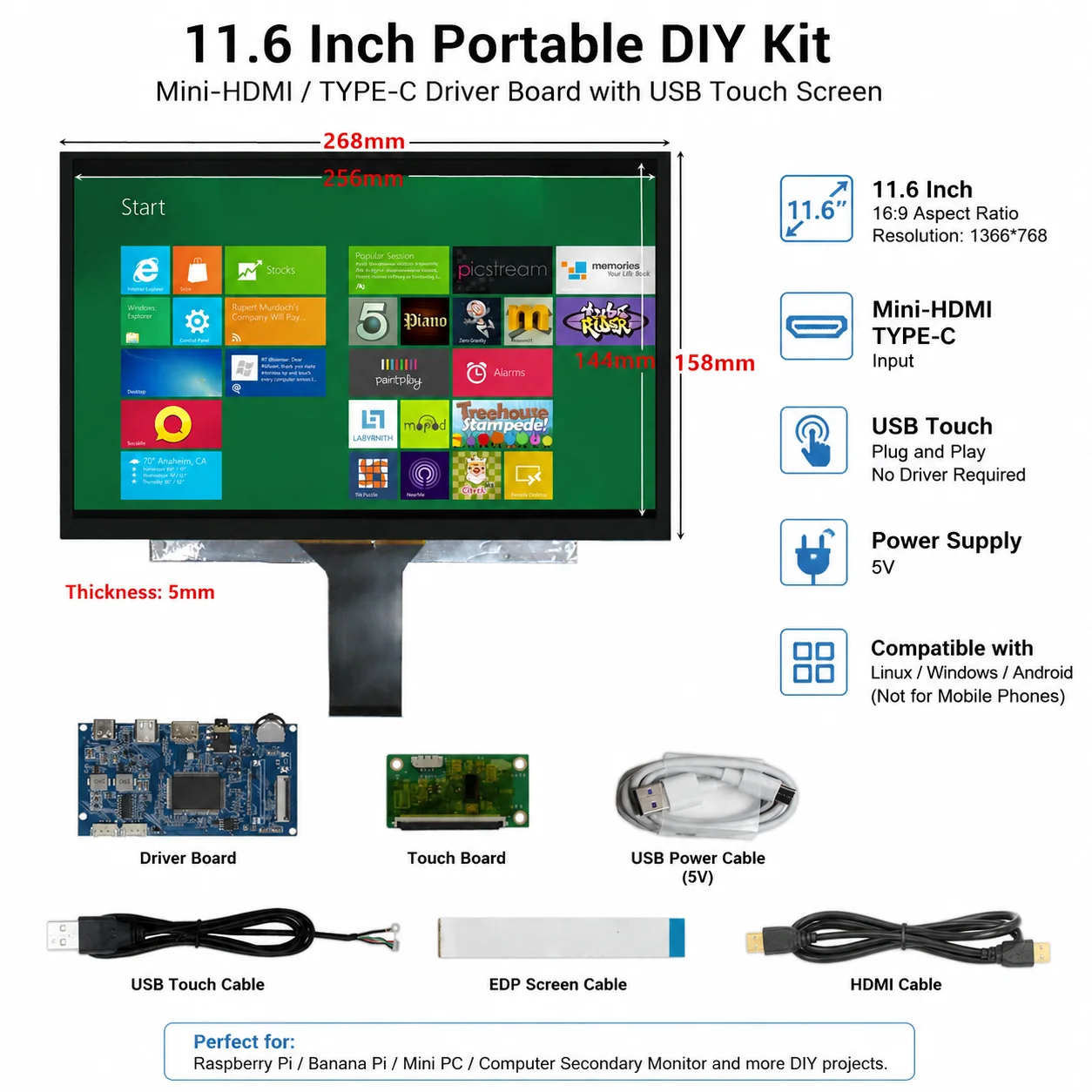 

11.6 inch 1366x768 LCD screen display Type-C/HDMI input control driver board Capacitive touch monitor for Raspberry Pi/PC laptop