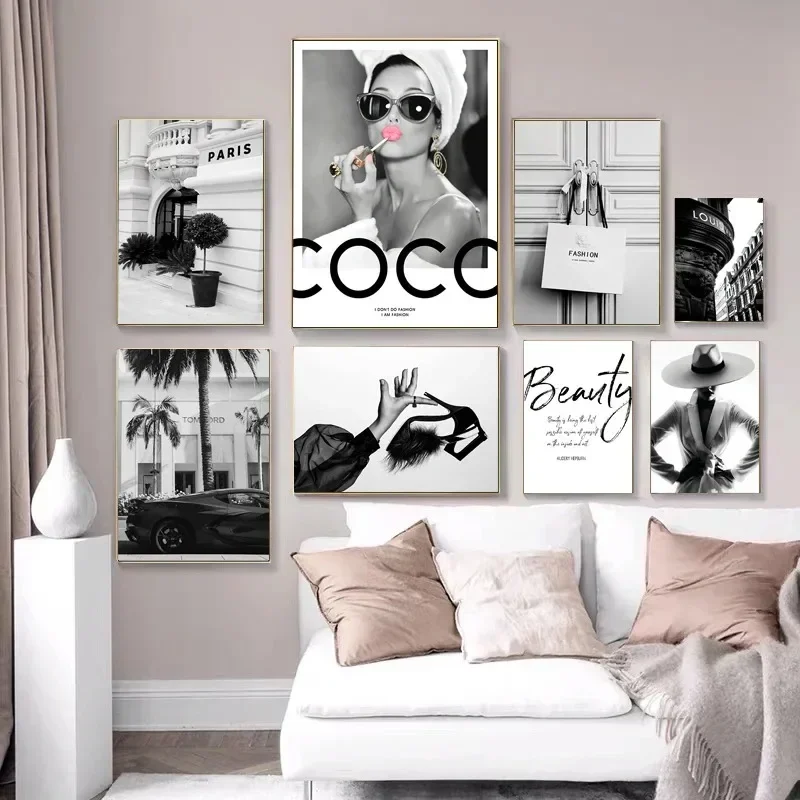 Perfume Women Luxury Super Car Canvas Painting Wall Art Black White Paris Poster Print for Living Room Home Decor