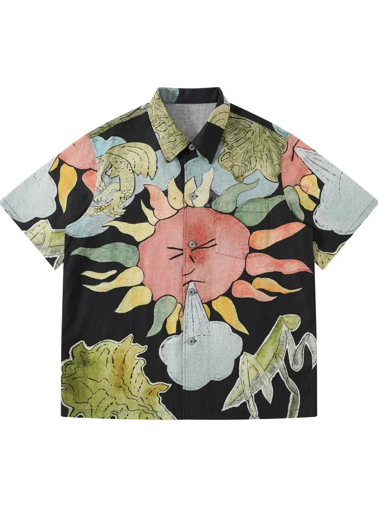 Roaring Little Eyes Our Legacy 25SS Color Graffiti Sun Print Cotton and Linen Loose Shirt Short Sleeve