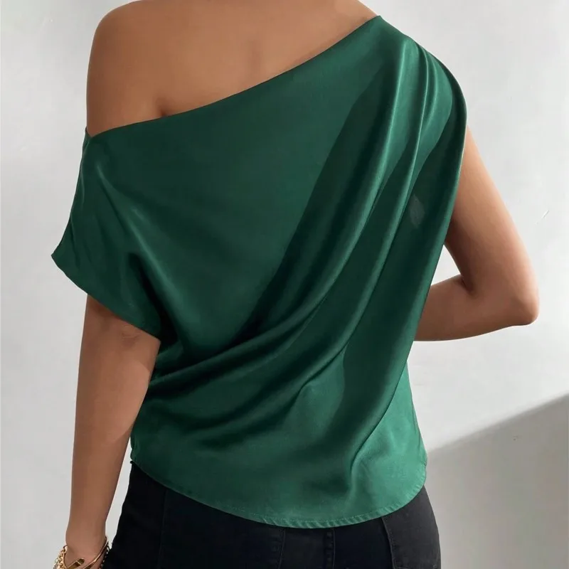 Elegant Off Shoulder Green Shirt 2024 Women\'s Summer New Fashion Versatile Oblique Collar Pinched Pleated Asymmetric Tank Top