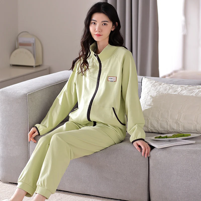 

Newest Women 100% Cotton Pajamas Set Long Sleeve Sleepwear Female Casual Solid 2 Piece Set