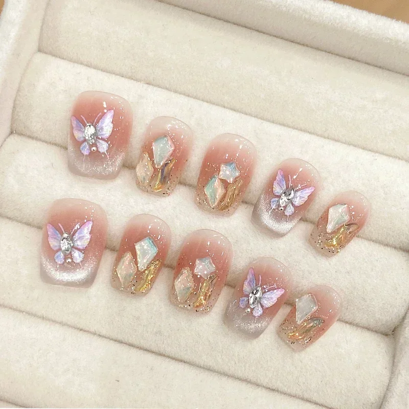 10 unidades de uñas postizas hechas a mano con lazo de rubor corto, diseño de diamantes, manicura portátil, acrílico, punta completa para decoración de uñas