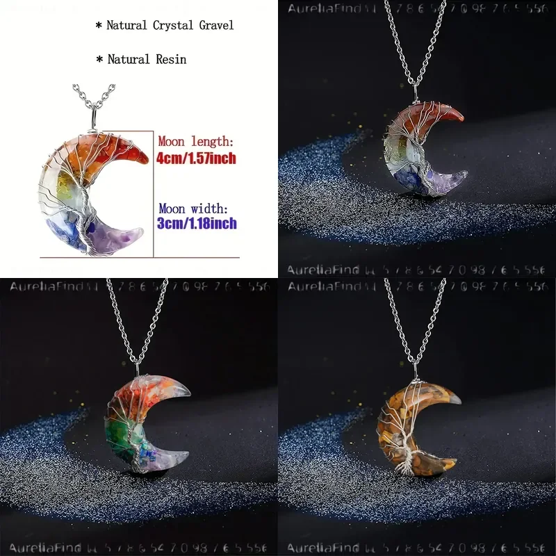 Natural Crystal 7 Chakra Life Tree Wire Wrapped Crescent Phase Stone Pendant Necklace with Resin Boho Gemstone Jewelry