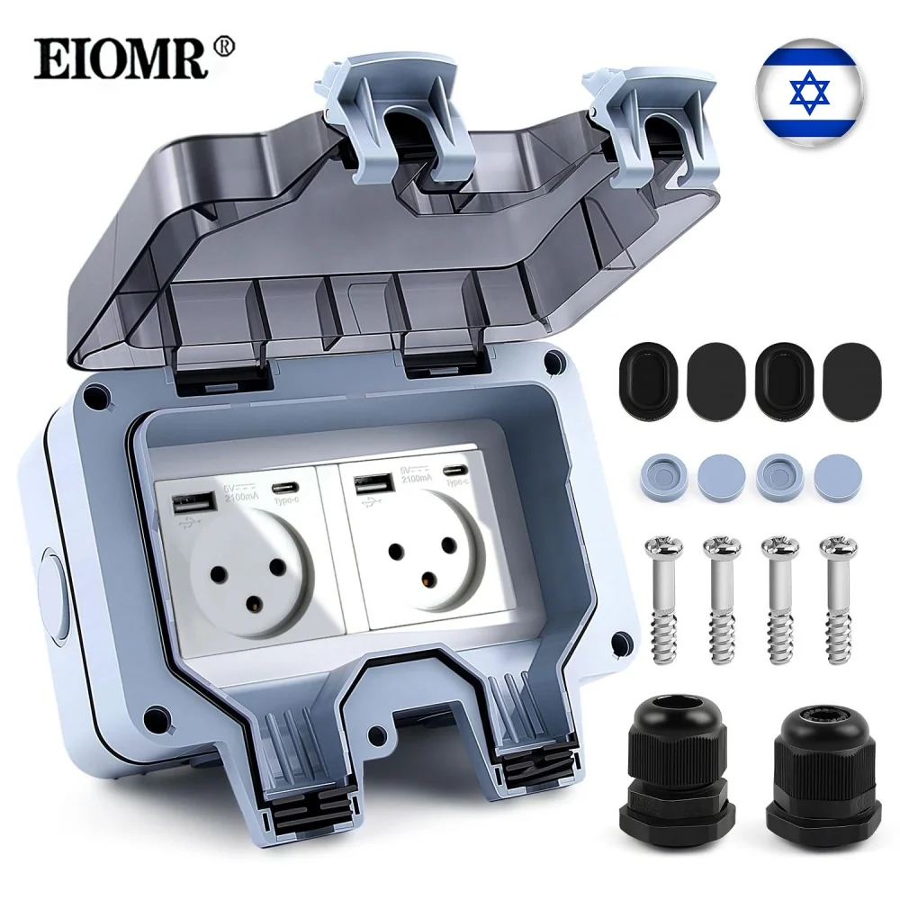 Eiomr israel tomada à prova d'água com porta de carregador usb ao ar livre à prova de poeira tomadas de energia padrão duplo 16a fora para jardim doméstico