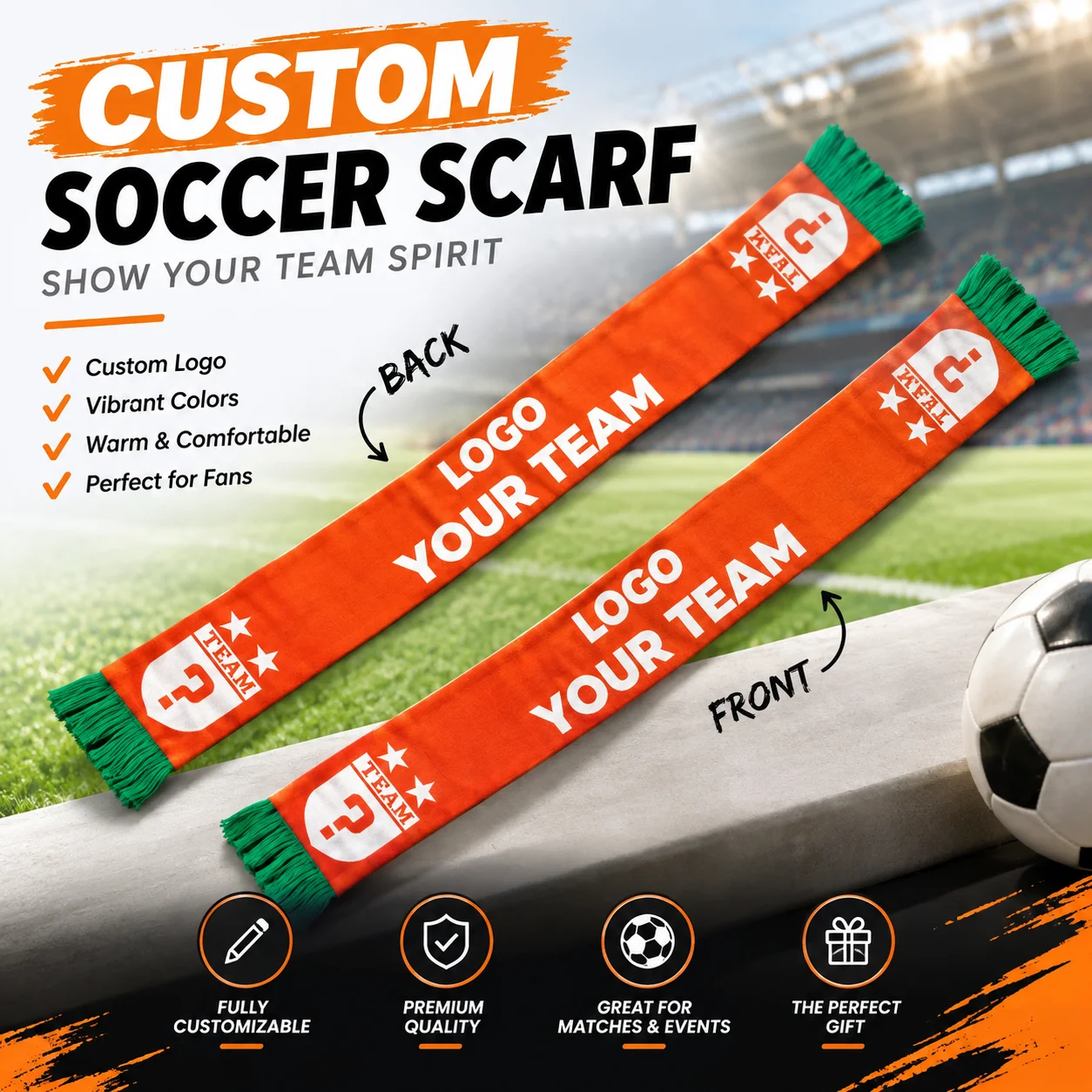 Custom Soccer Scarf DIY Printed Logo Team Club Knitted Scarf Winter Warm Fan Cheering Tassel Scarf Custom Double Sided Football