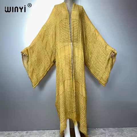 WINYI Geometric print kimono kaftan beachwear Cardigan evening dress abaya dubai luxury cover-ups beach outfits women long dress