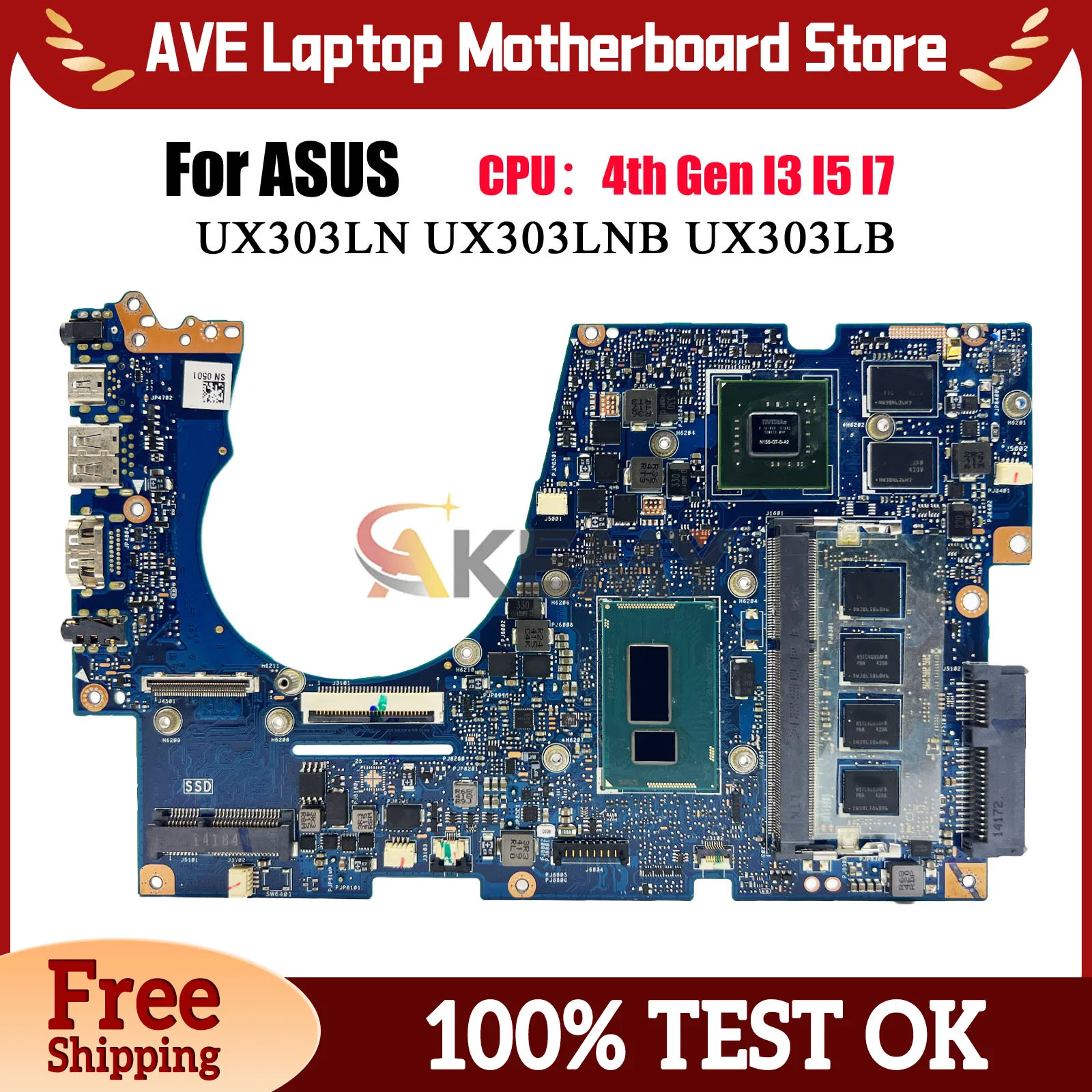 

UX303LN Laptop Motherboard For ASUS ZenBook UX303LB UX303L BX303L U303L UX303LN U3000 UX303LNB Mainboard I3 I5 I7 CPU tests OK