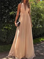 Hollow Out Sexy Loose Dress Female Patchwork Deep V Neck Party Clubwear Dress Sleeveless Elegant Women Summer Maxi Dress Vestido