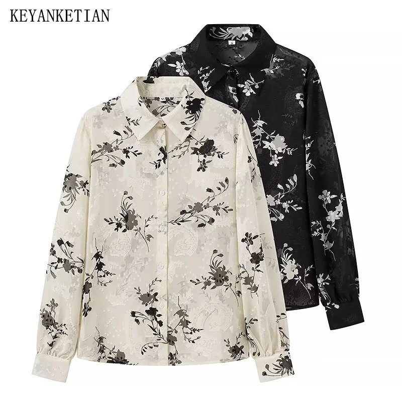 KEYANKETIAN 2024 New Women's Sheer Jacquard Shirt Pastoral style Flower Print Single Breasted Long Sleeve Loose Blouse Top