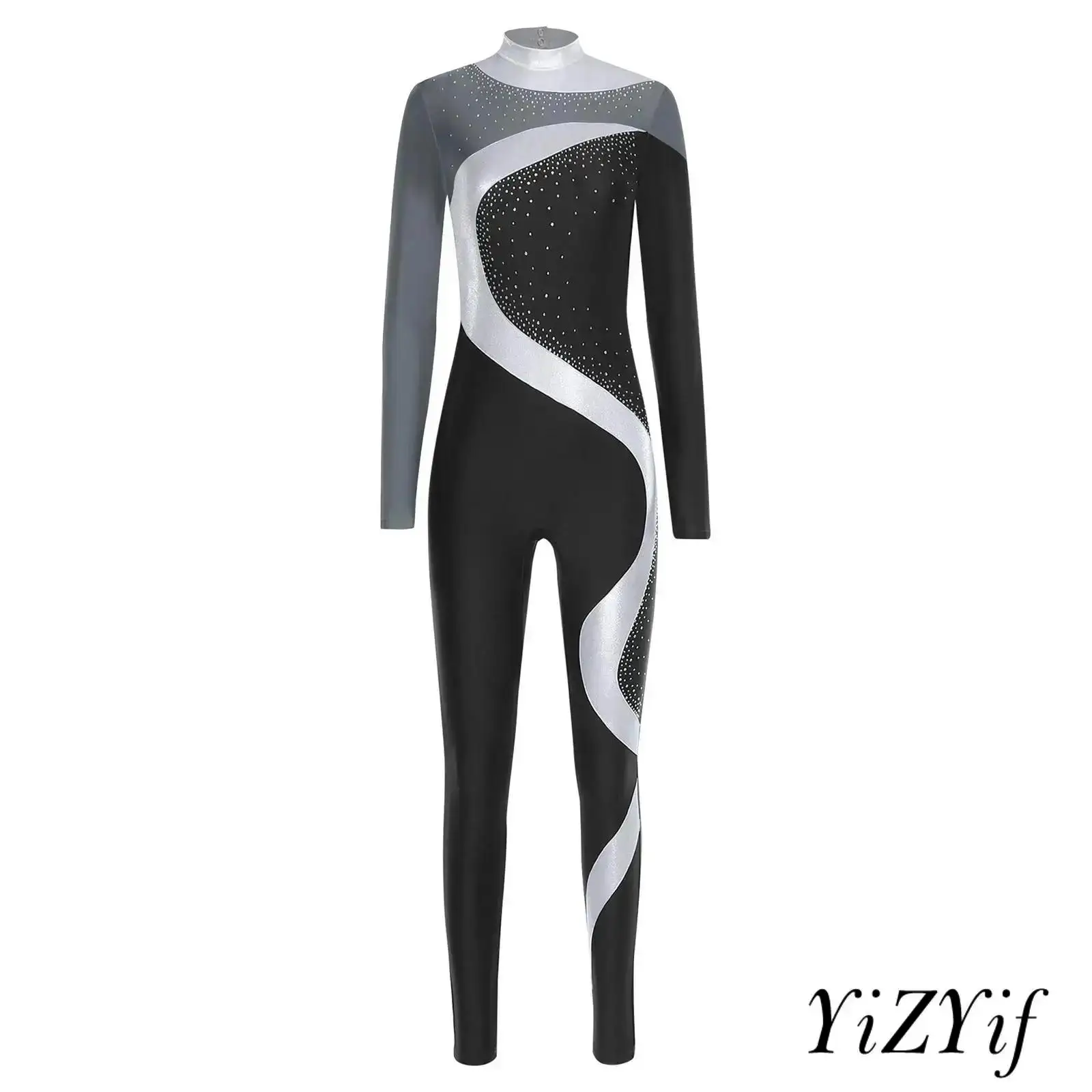 

Womens Gymnastics Bodysuit Mock Neck Long Sleeve Back Hollow Out Sparkling Rhinestones Jumpsuit Skating Performance Clothes