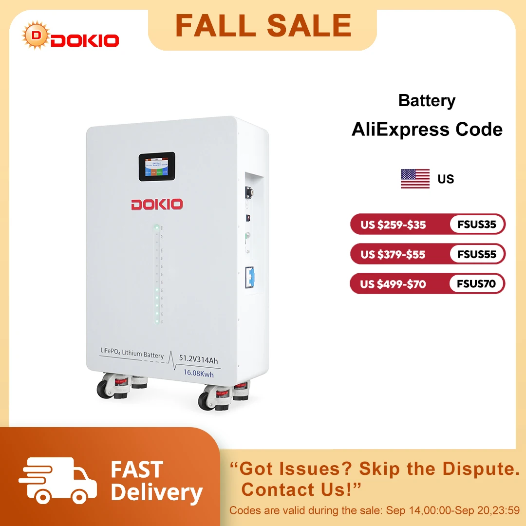 DOKIO 16.08kWh 51.2V 314Ah LiFePO4 Solar Battery Vertical Standing Backup with Smart APP Control,200A BMS,6000 Deep Cycles