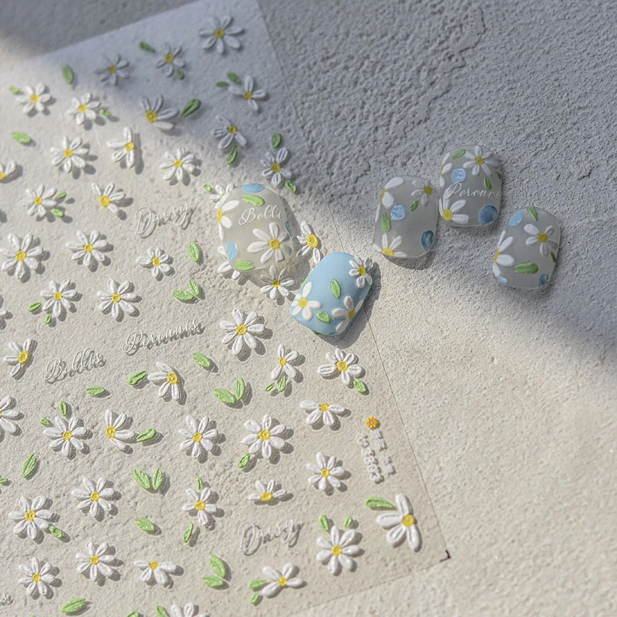 1 قطعة زهرة الأقحوان البيضاء تنقش ثلاثية الأبعاد ملصق الربيع الصيف ملصقات الأظافر مسمار الفن الديكور مانيكير شارات ذاتية الصنع