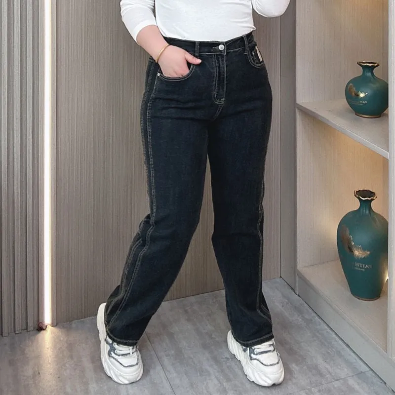 Blue Grey High Waist Jeans Women Spring And Autumn 2024 New Plus Size Stretch Casual Full Length Straight Leg Pants