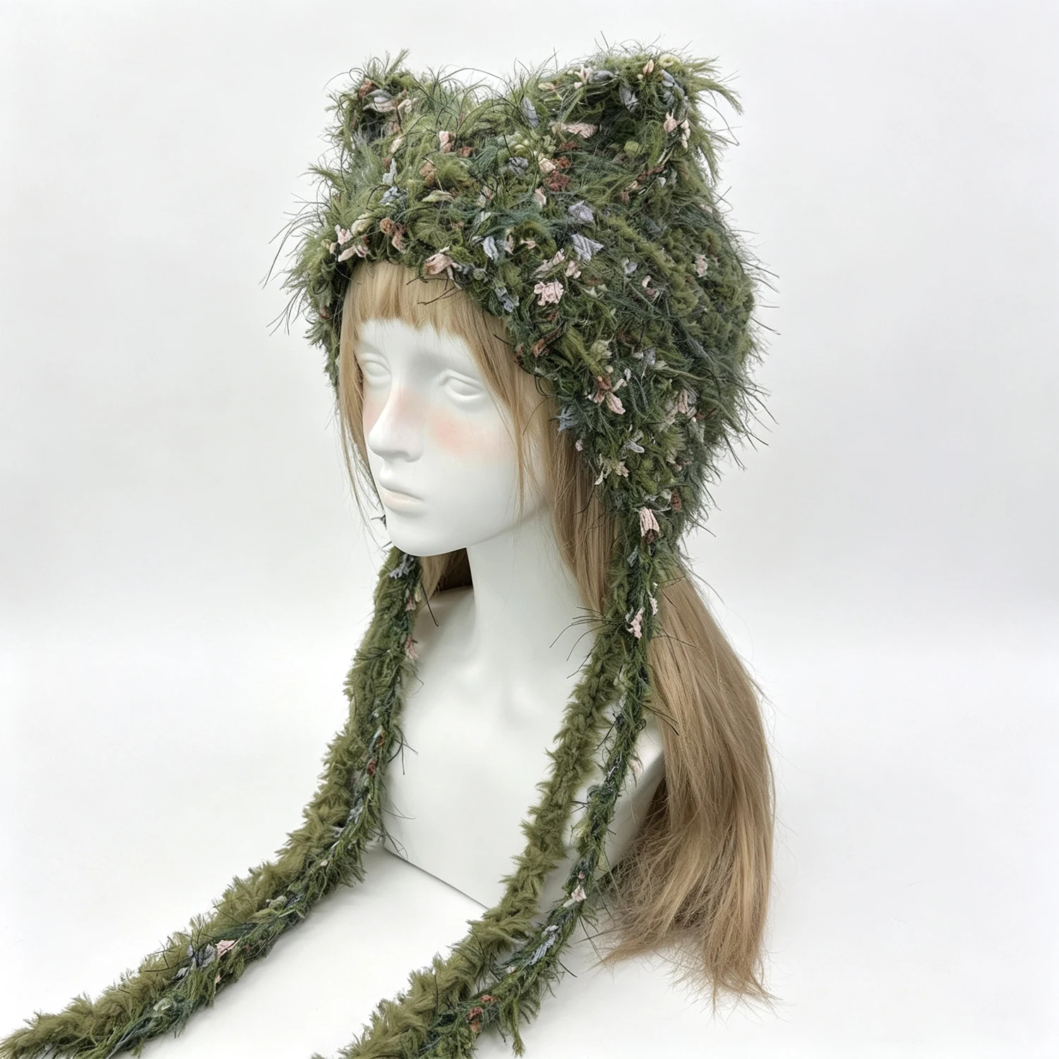 Custom Handmade Crochet Moss Green Cat Ear Earflap Hat Man Thin Plush Knitted Beanie Women Woodland Fairycore Winter Warm Cap