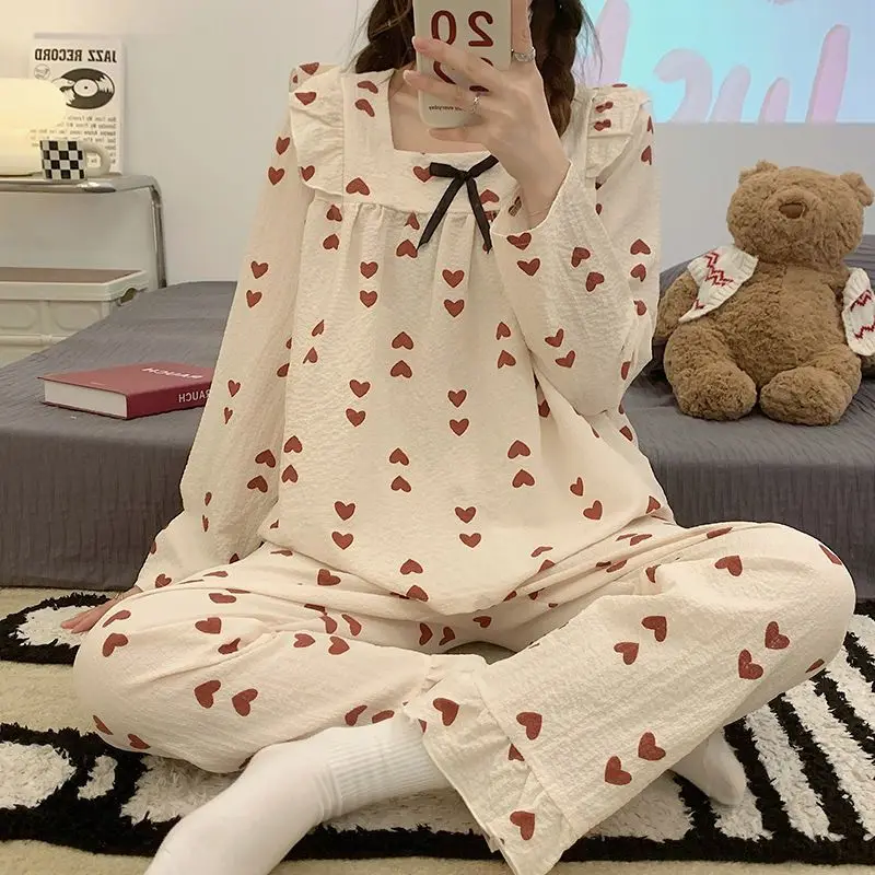 Heart Sleepwear Women Pajama Sets Korean Piiama Long Sleeve Pants Sets 2 Pieces Square Collar Night Wears Autumn Bow Home Suit