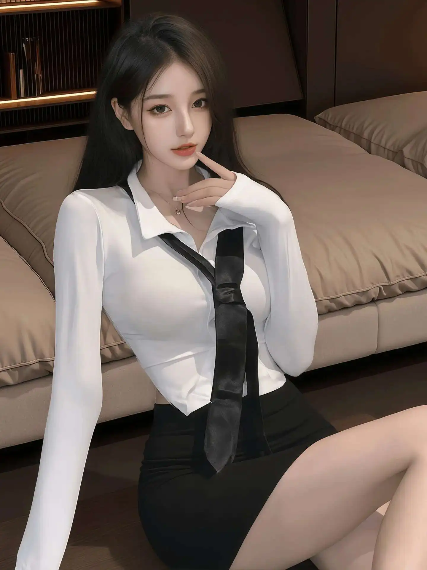

Sexy Secretary Uniform Temptation Skirt Sets Deep V Suit Collar Tie Long Sleeves Skirt Sets Charming Elegant Pure Desire 0KRD