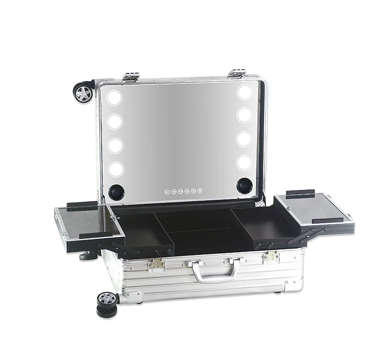 حقيبة مكياج احترافية بعجلات كبيرة بمرآة LED لمستحضرات التجميل، صندوق سفر مكياج من الألومنيوم مع ضوء وMP3