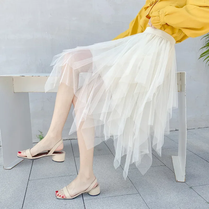 

Vintage Irregular Tulle Skirt Women Streetwear Elastic High Waist Mesh Pleated Skirts Summer Elegant A Line Office Ladies Skirts