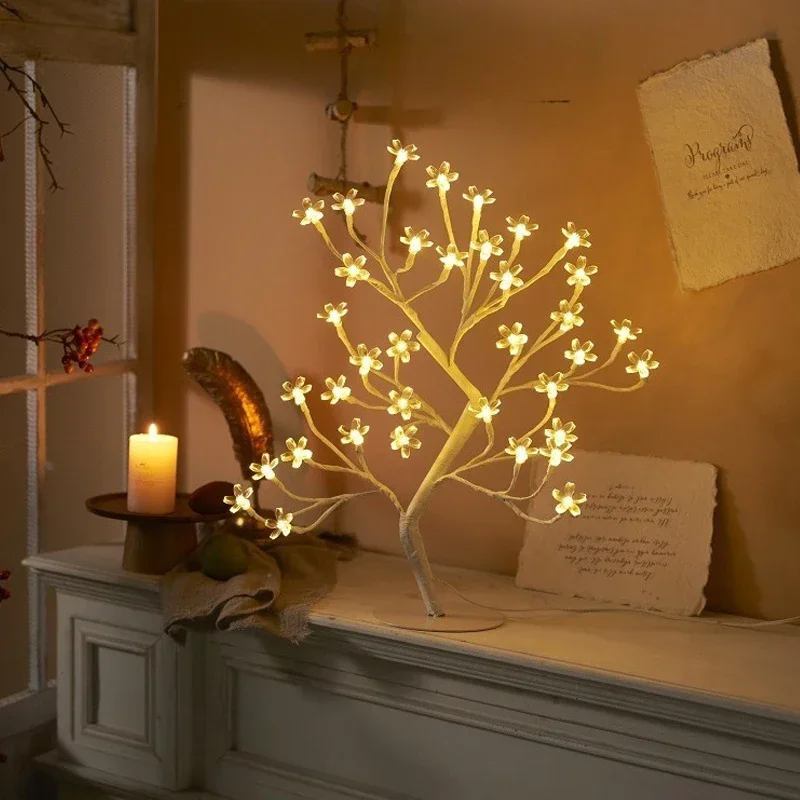 LED Table Lamp Cherry Blossom USB Remote Control Desktop Room Bedside Bedroom Hotel Shop Home Festival Decor Tree Table Light