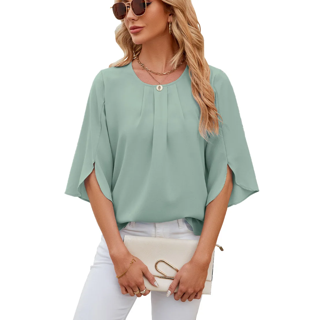 Meia manga chiffon top para as mulheres, plissado em torno do pescoço, cor sólida, para o verão