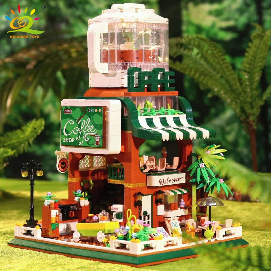 

HUIQIBAO 1951PCS Mini Street View Self-service Coffee Shop Micro Model Building Blocks City Corner Store DIY Bricks Toys Kid