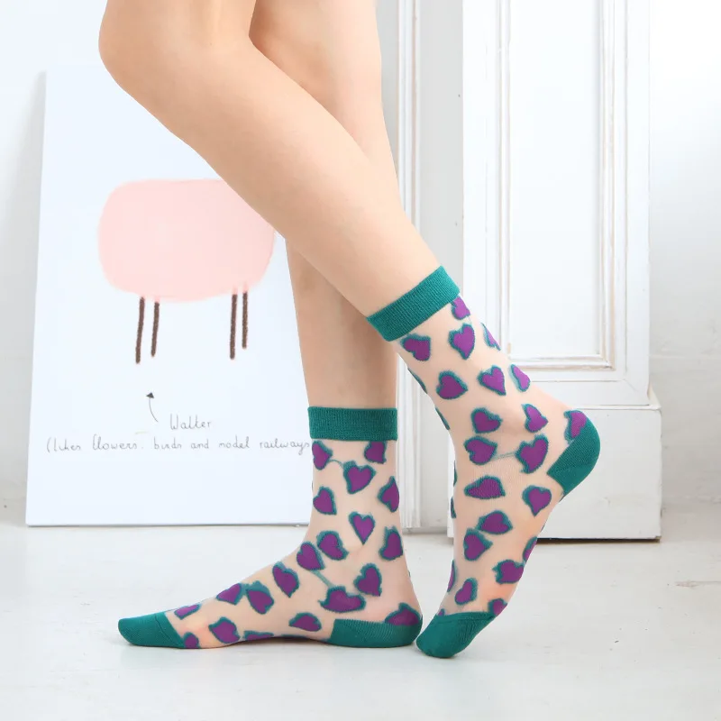 Summer Woman Socks Japanese Style Sweet Crytal Glass Silk Socks Heart Print Ultra-thin Transparent Girls Kawaii Cute Long Socks