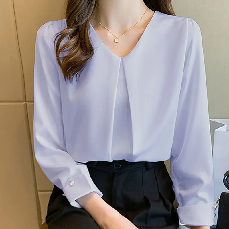 New Retro Pullover White Long Sleeve Solid Color Shirt Women\'s Simple Blue Tops and Blouses Chiffon Elegant Fashion Spliced Tops