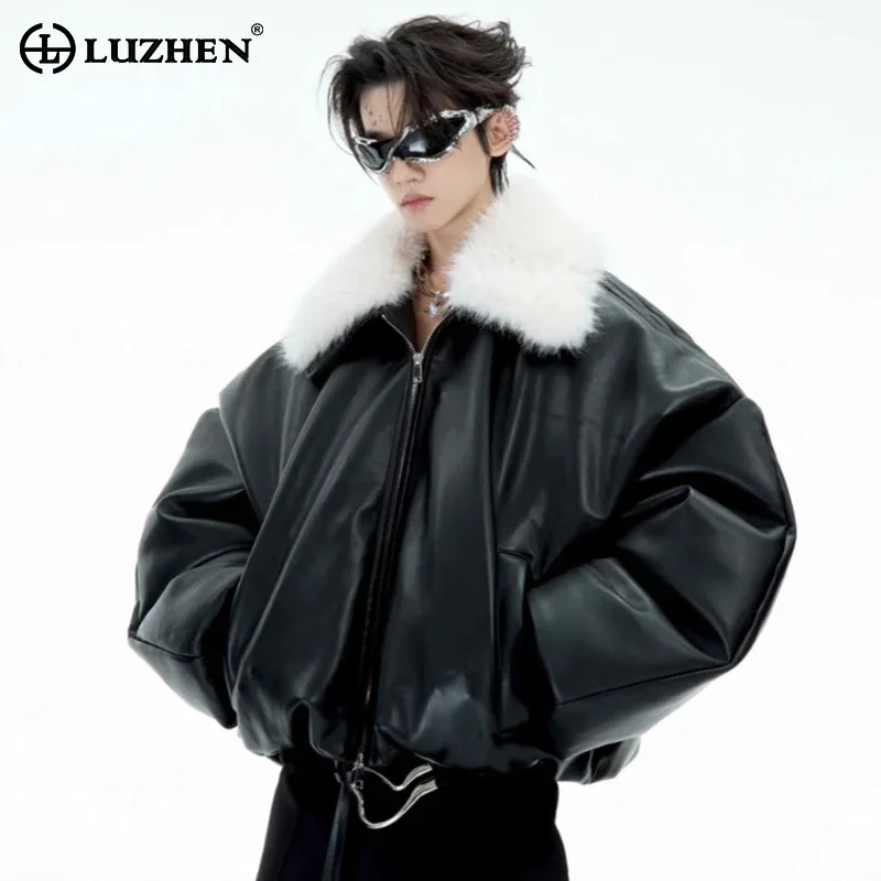 LUZHEN Fur Collar Faux Leather Parkas Silhouette Temperament Unisex Short Light Luxury Trendy Men Street Padded Jackets LZ8181