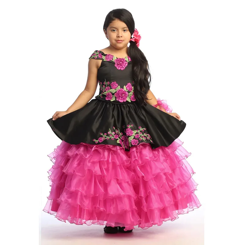 Fuchsia Mini Quinceanera Gaun gaun bola Organza applique bunga gaun anak perempuan untuk pernikahan gaun kontes Meksiko bayi