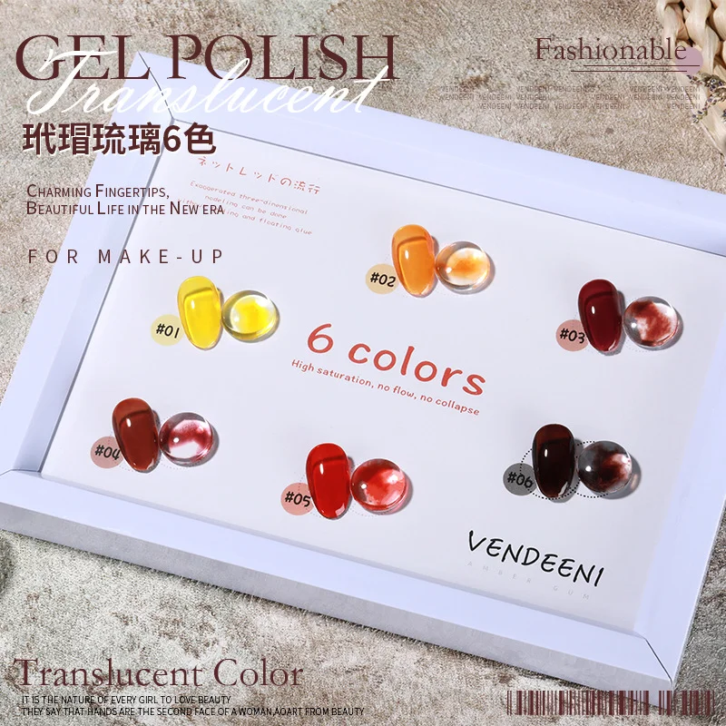 VENDEENI NewDesign Tortoise Amber Gel Polish TPOHEMA FREE 6color Translucent Effect Jelly Crystal Tortoise Shell Gel Nail Polish
