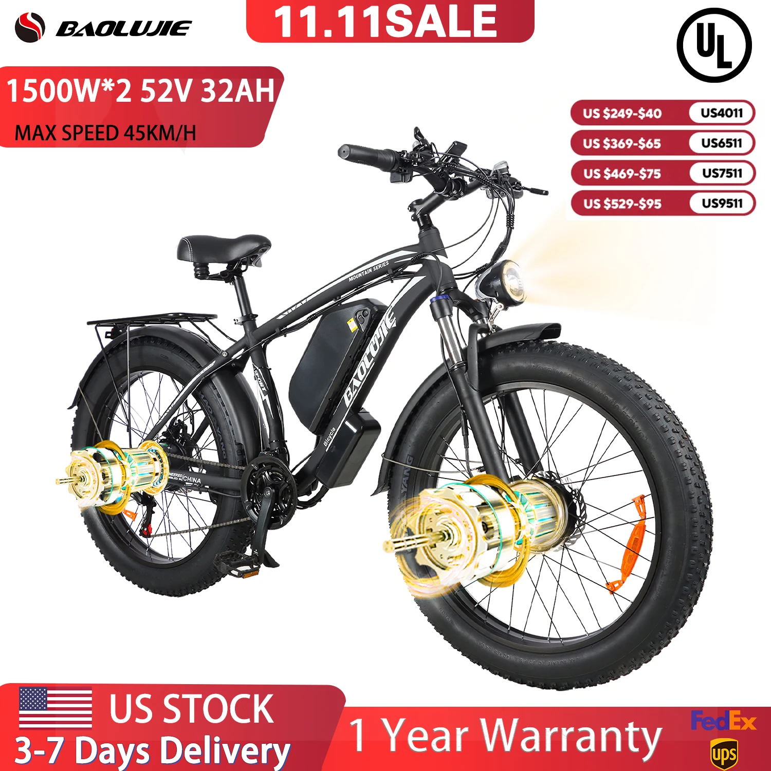 

【1-летняя гарантия】BAOLUJIE 2602 Ebikes для взрослых, 2000 Вт, электрический велосипед, электронный велосипед, 48 В, 23 Ач, двойной двигатель, 26 дюймов, вездеходный электрический велосипед