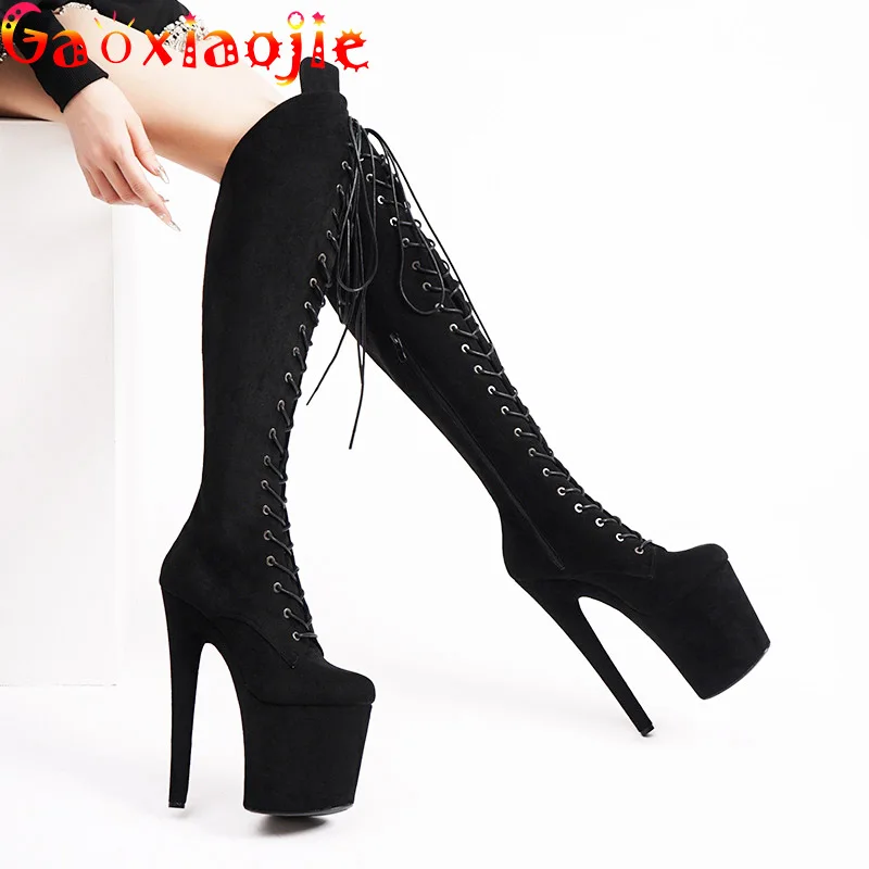 

Waterproof Platform Women Over Knee Long Boots Stiletto Suede Lace-up Pole Dance Shoes Model Catwalk 20CM High Heels Side Zipper