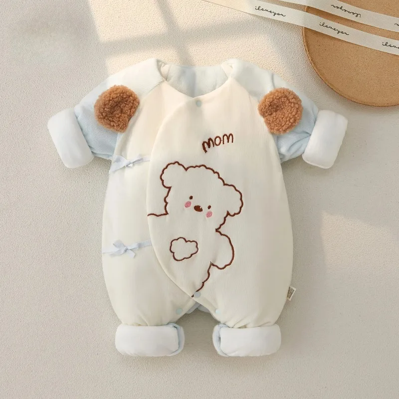 Newborn Baby Bodysuits Fall and Winter Clip Cotton Long Sleeve Cute Bear Pattern Bodysuits Boys Girls Warm Comfortable Bodysuits