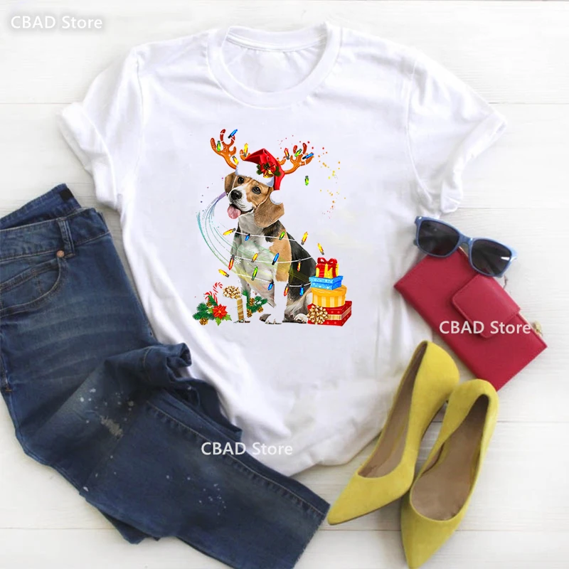 

Santa Beagle/Labrador Reindeer Christmas Lights Print Tshirt Girls Funny White T Shirt Women'S Clothing Harajuku Shirt Tops