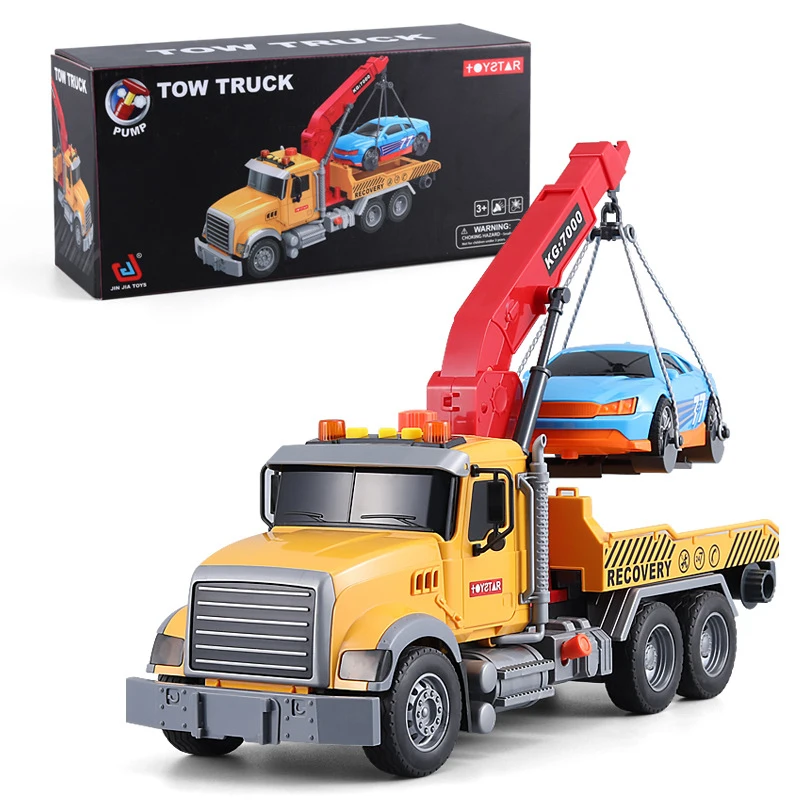 Tow Truck Toy Flatbed and Crane con Race Car Playset grandi giocattoli veicolo di salvataggio Push & Go, suoni di luci, regalo di compleanno per