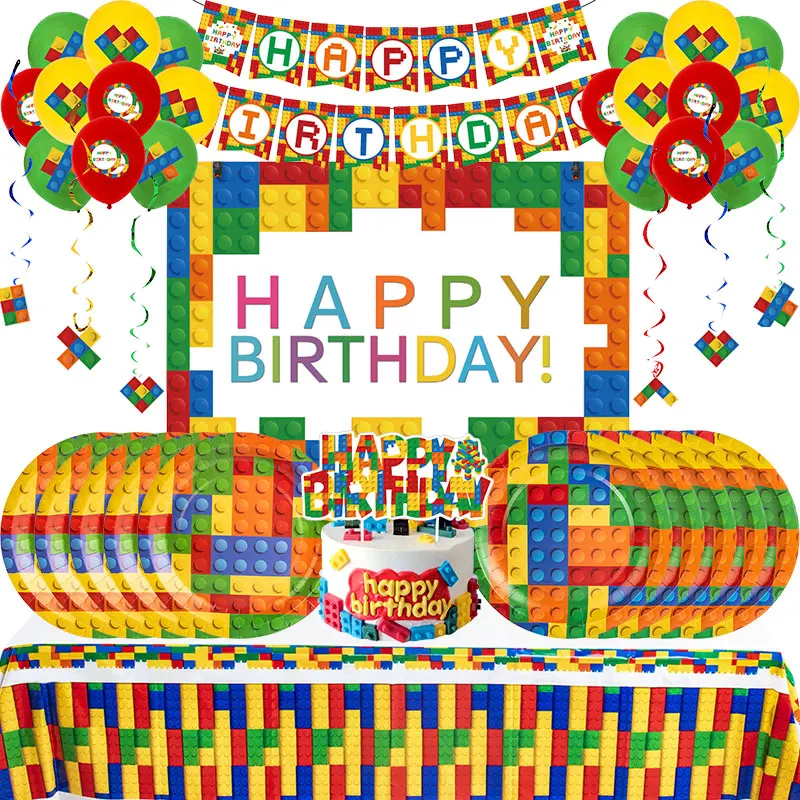 Decoração de Aniversário com Blocos de Montar, Suprimentos para Festa, Copos Coloridos, Pratos, Balões, Faixa, Topo de Bolo para Lembrancinhas de Festa Infantil Masculina