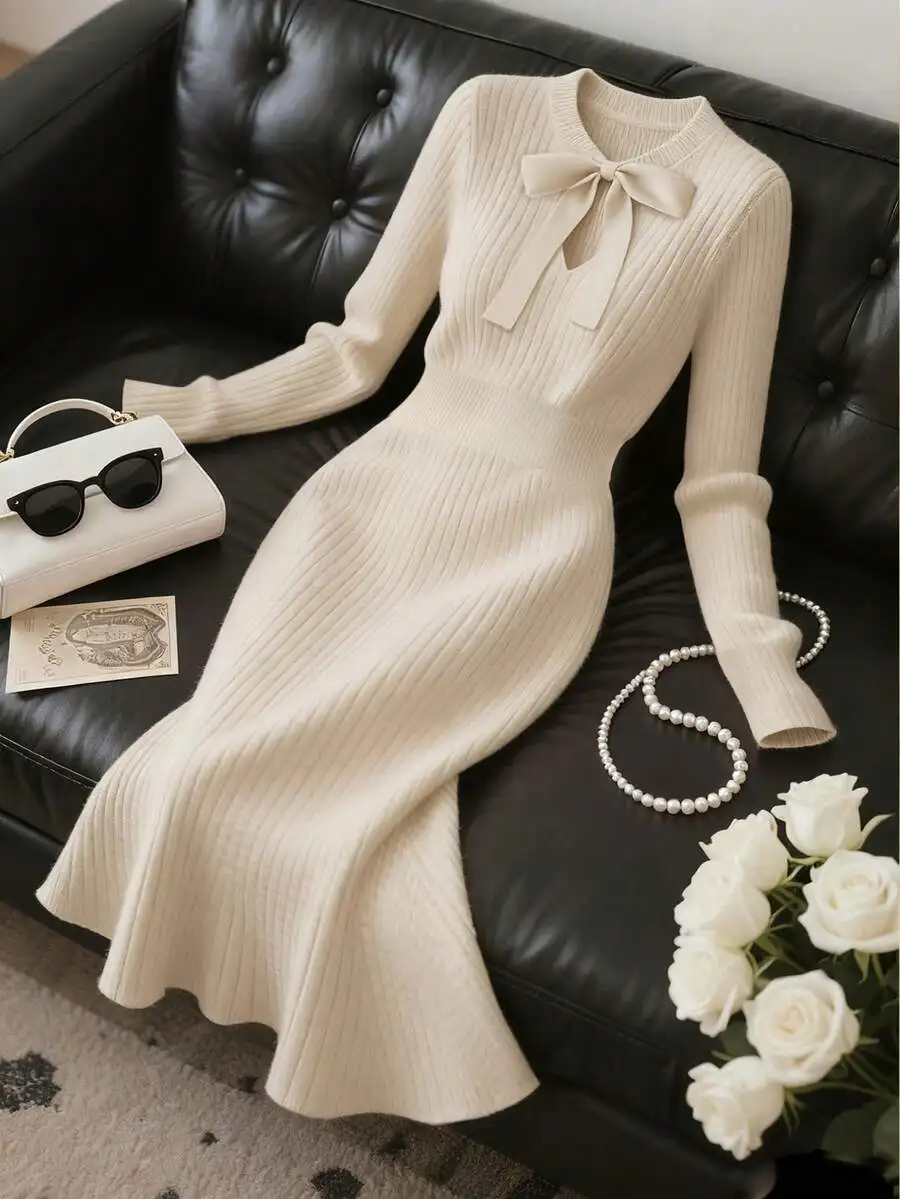 

Cream Ribbed Knit Sweater Dress with Bow Neck, Fishtail Hem, Long Sleeve
