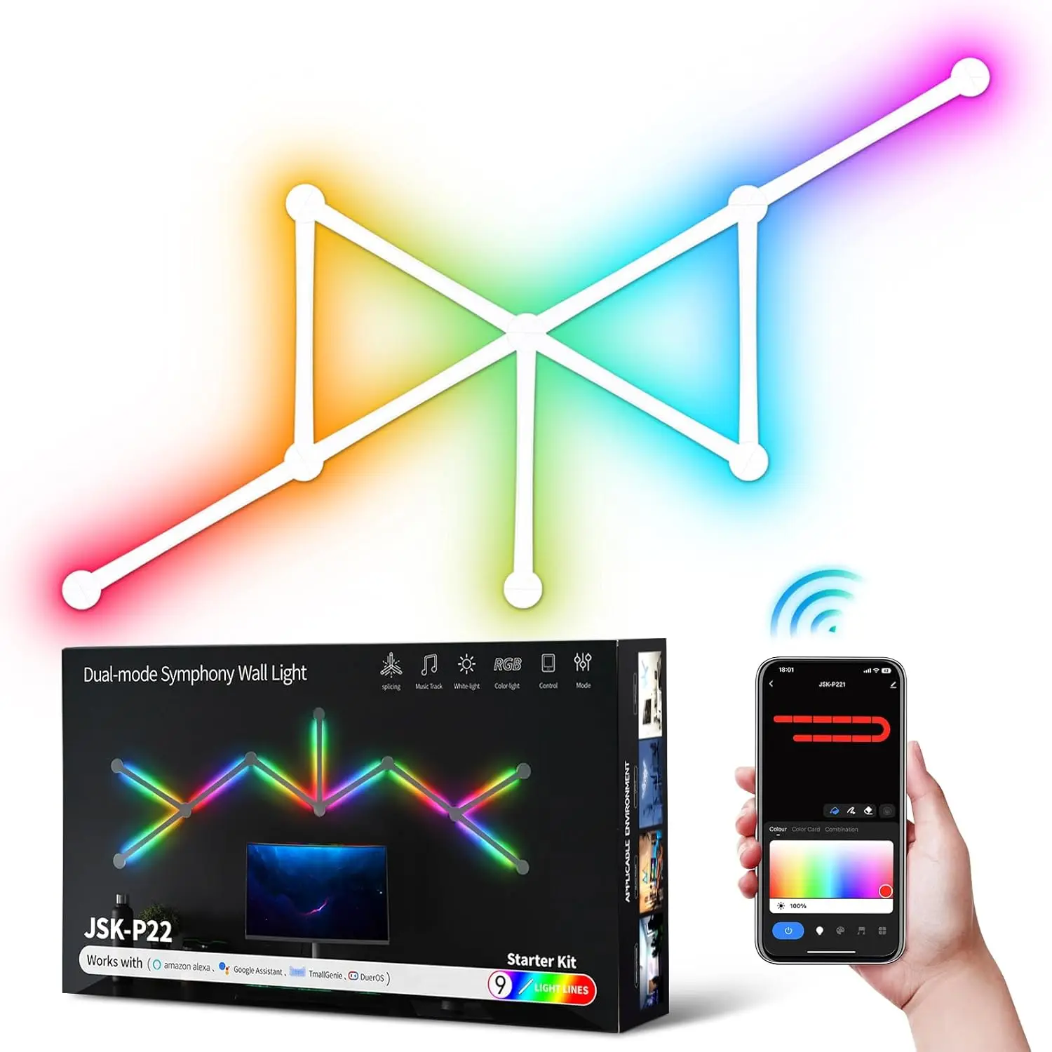 Smart WiFi RGBIC Wall Light DIY Splicing LED Night Light Dimmable for Game Room Bedroom TV Decorative Ambiance Lighting