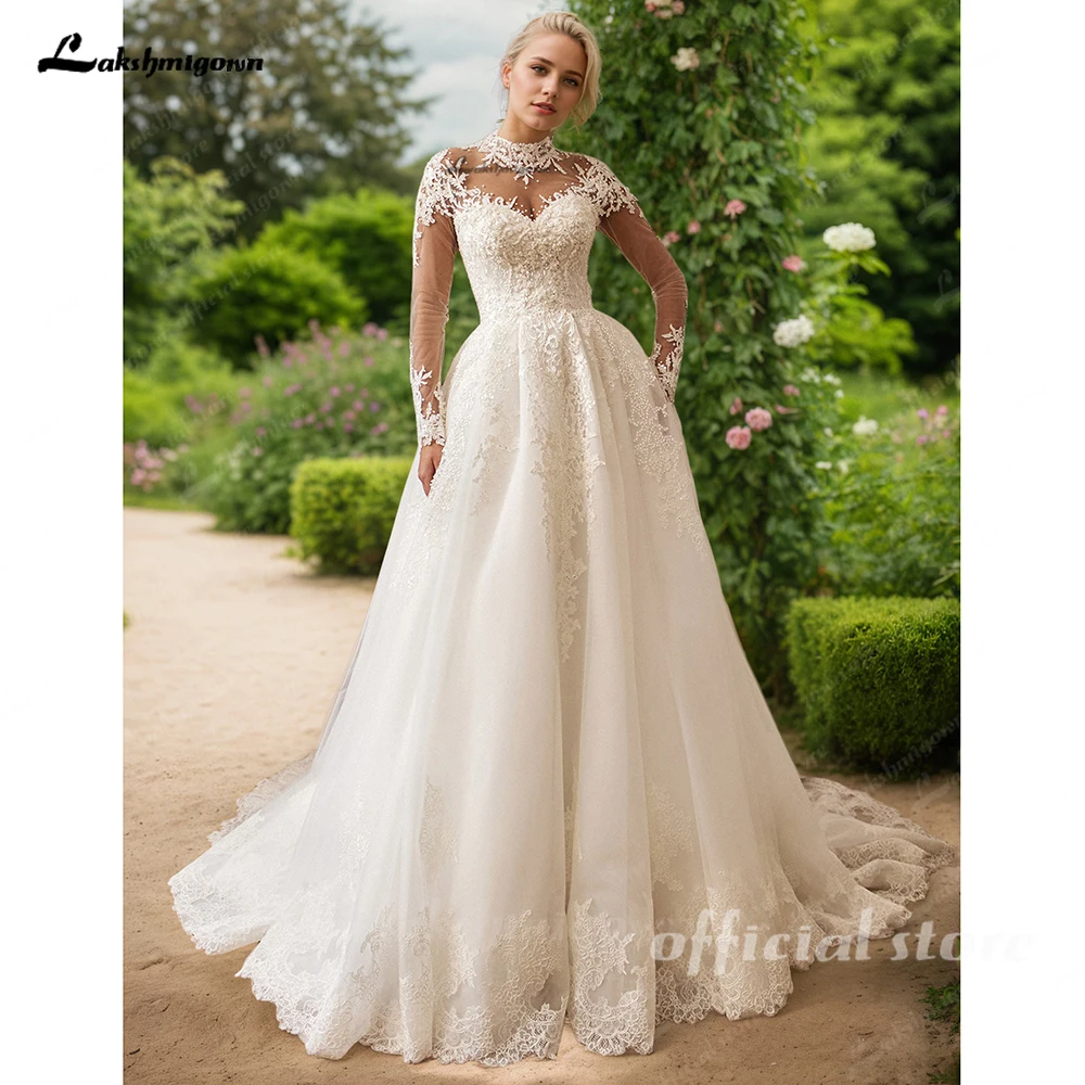 

Lakshmigown A Line Women's Wedding Dresses Lace Appliques Bride Gowns High Neck Long Sleeve Vestido De Novia Boda Customized