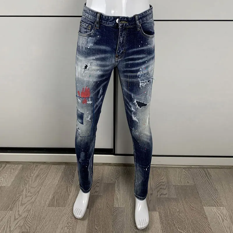 Men Antique Blue Sand Wash Art Print Ripped Abrasion Stretch‑Fit Denim Jeans Youth High Street Trend Denim JeansY2K