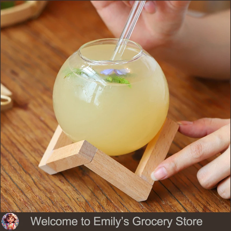 

Creative Ronud Ball Glass Cup with Wood Stand Straw Wine Cocktail Glass Cup Transparent Moon Ball Cold Drinking Juice Cups